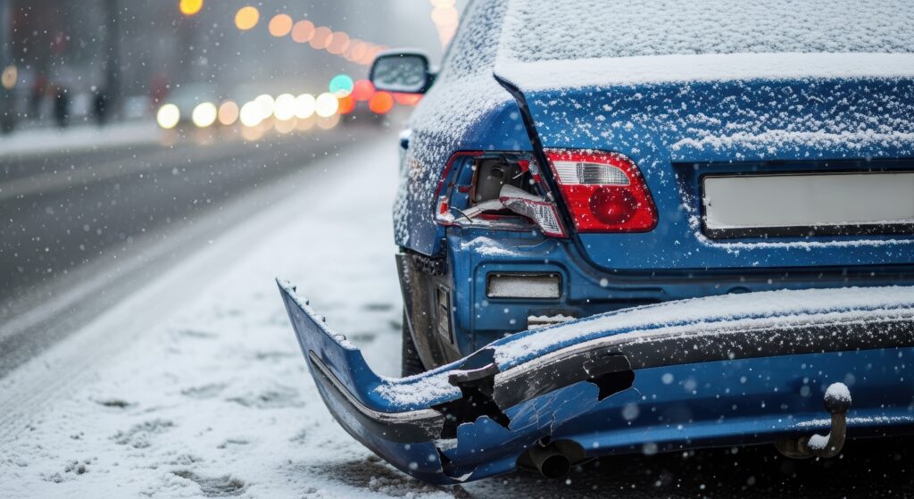 damaged blue car on snowy road after accident, winter driving, car crash, insurance